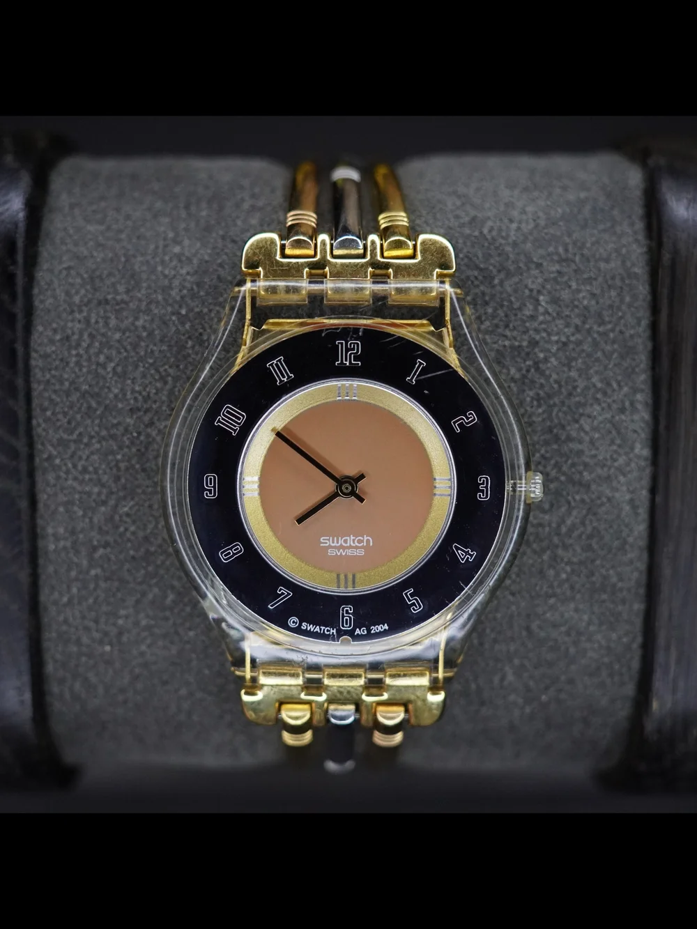 Vintage Swatch Swiss Quartz Transparent Gold Tone Black Dial Ladies Watch Runs